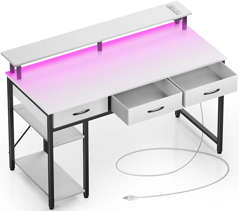 Rolanstar Computer Desk with Power Outlets & LED Light 55 inch